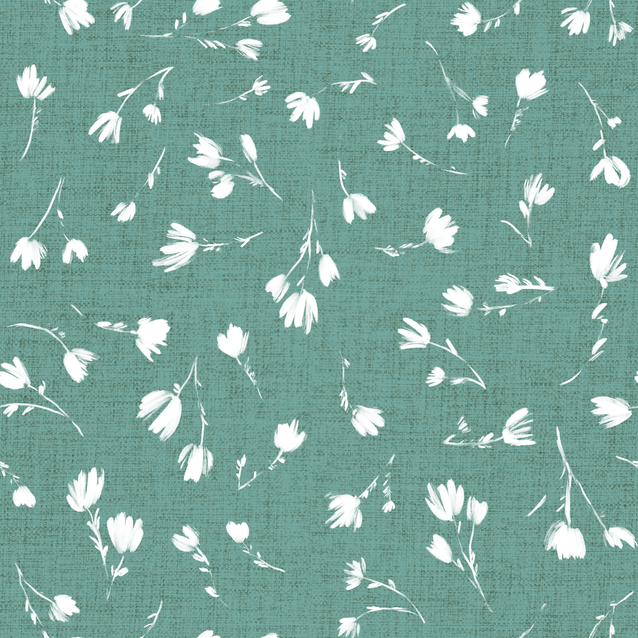 White floral pattern on a teal fabric background